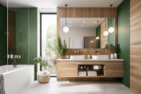 a green-and-white bathroom, with a sleek modern vanity and natural elements for a fresh and calming look, created with generative aiの素材