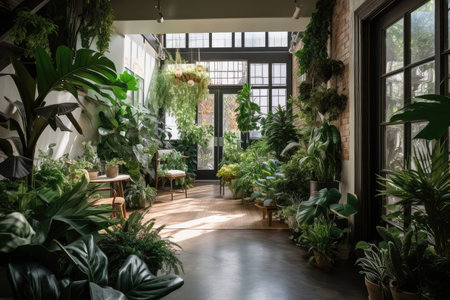 indoor garden, with lush greenery and blooming plants, bringing nature indoors, created with generative aiの素材