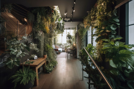 indoor garden, with lush greenery and blooming plants, bringing nature indoors, created with generative aiの素材