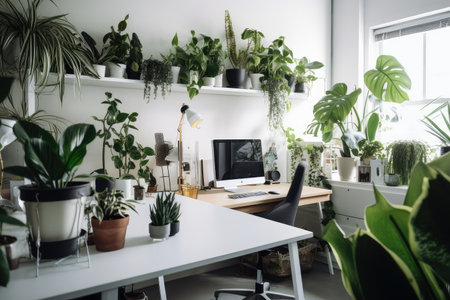 busy office space with carefully curated collection of plants and greenery, created with generative aiの素材