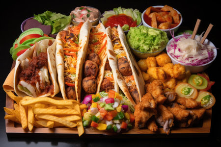 platter of mixed international fast food including kebab, sushi, and tacos, created with generative aiの素材
