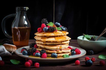 stack of pancakes, drizzle of syrup, and sprinkle of berries for a sweet breakfast treat, created with generative aiの素材