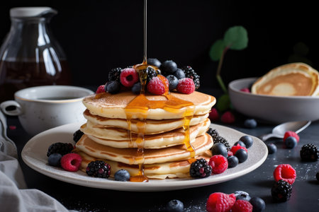 stack of pancakes, drizzle of syrup, and sprinkle of berries for a sweet breakfast treat, created with generative aiの素材