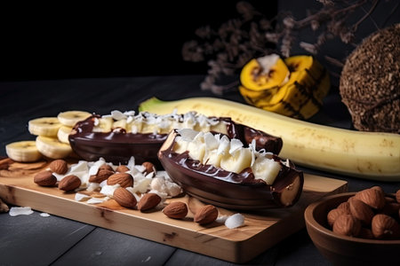 exotic fast food preparation, with ingredients such as bananas and coconut mixed with chocolate and nuts, created with generative aiの素材