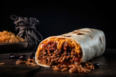 fast food burrito, bursting with spicy meat and flavor, created with generative aiの素材