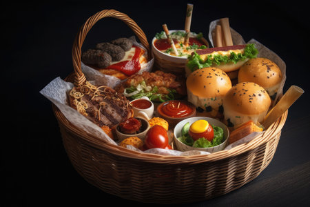 basket with international fast food dishes, including hamburgers, pizza and sushi, created with generative aiの素材