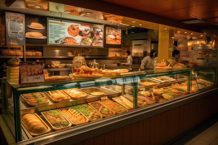 international fast food chain, with its diverse and colorful dishes on display, created with generative aiの素材
