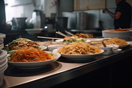 asian fast food restaurant, with dishes based on noodles and rice, created with generative aiの素材