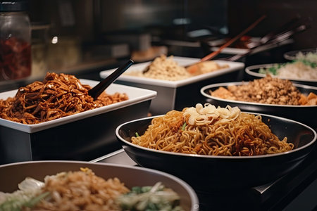 asian fast food restaurant, with dishes based on noodles and rice, created with generative aiの素材