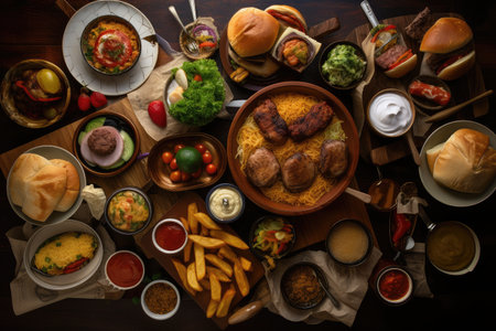 an array of international fast food dishes, showcasing the variety and diversity of global cuisines, created with generative aiの素材