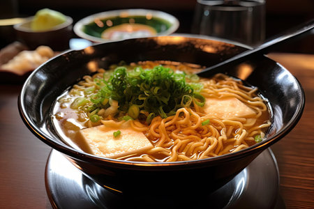 a plate of japanese ramen, with thick noodles in a flavorful broth, created with generative aiの素材