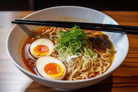 a plate of japanese ramen, with thick noodles in a flavorful broth, created with generative aiの素材