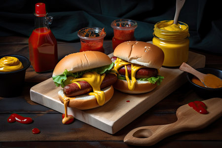 delicious burger and hot dog with bun, mustard and ketchup, created with generative aiの素材