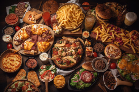fast food feast, with variety of dishes, including burgers, pizza and sushi, created with generative aiの素材