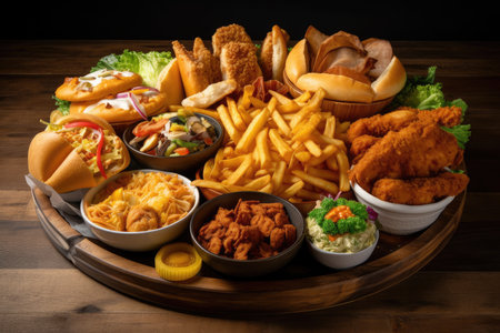 platter of international fast food dishes, each one unique and flavorful, created with generative aiの素材