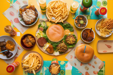 international fast food chain, showcasing its diverse menu with dishes from around the world, created with generative aiの素材