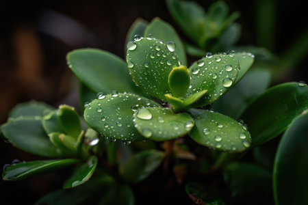 macro view of green plant with dew droplets on its leaves, created with generative aiの素材