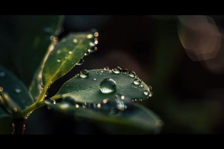 macro view of green plant in water droplet with blurred background, created with generative aiの素材