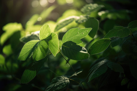 close-up of drooping green leaves, with sunlight filtering through, created with generative aiの素材