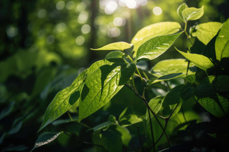 close-up of drooping green leaves, with sunlight filtering through, created with generative aiの素材