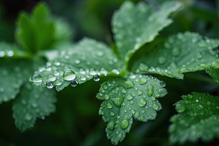 macro view of green plants with dew on the leaves, created with generative aiの素材