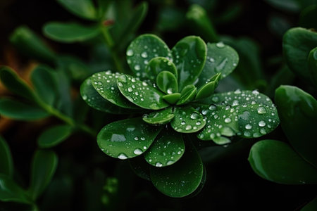 close-up of green plant with dew drops on the leaves, created with generative aiの素材