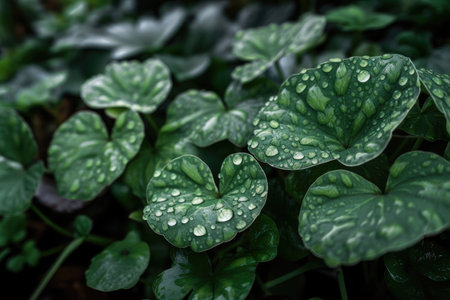 close-up of green plants, with dew drops on the leaves, created with generative aiの素材