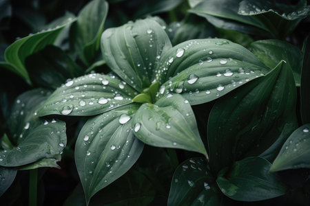 close-up of green plants, with dew drops on the leaves, created with generative aiの素材