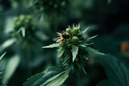 macro view of green plant with bumblebee visiting, created with generative aiの素材