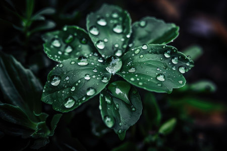 a green plant with a drop of dew on its leaf, created with generative aiの素材