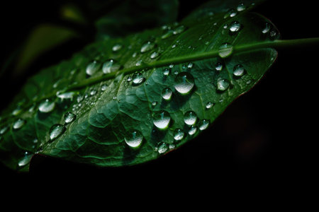 macro view of shiny green leaf, with dewdrop on the surface, created with generative aiの素材
