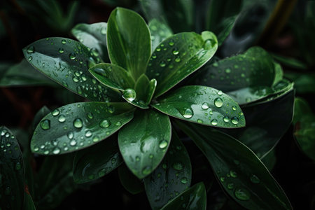 close-up of green plant with dew droplets on its leaves, created with generative aiの素材