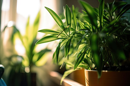 macro view of green plants in warm, bright room, created with generative aiの素材