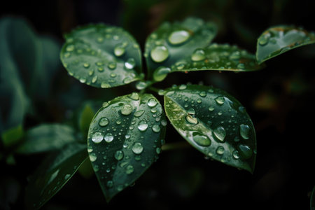 close-up of green plant with dew drops on the leaves, created with generative aiの素材