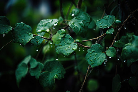close-up of green tangle of vines, with droplets of water, created with generative aiの素材