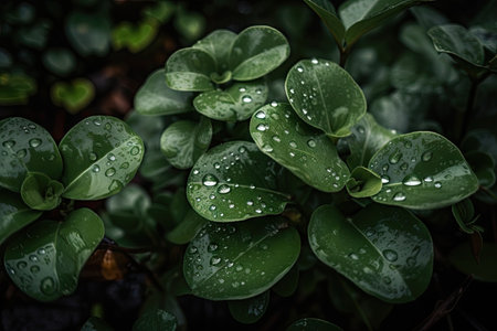 close-up of green plants with droplets of water on their leaves, created with generative aiの素材