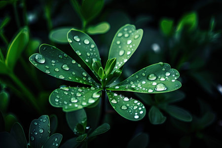macro view of green plant with water droplets on its leaves, created with generative aiの素材