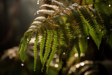 close-up of fern fronds, with water droplets and light shining through, created with generative aiの素材