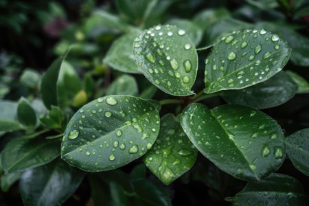 close-up of green plant with dew drops on leaves, created with generative aiの素材