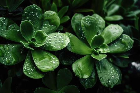 macro view of green plants in water with droplets, created with generative aiの素材