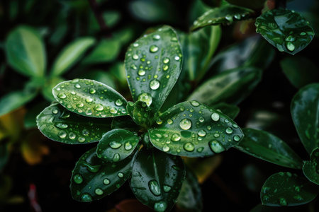 close-up of green plant with dew drops on its leaves, created with generative aiの素材