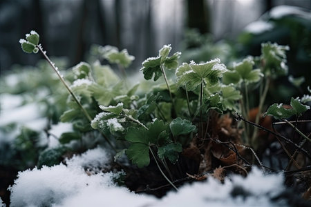 macro view of green plants with freshly fallen snow, created with generative aiの素材