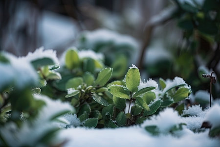 macro view of green plants with freshly fallen snow, created with generative aiの素材