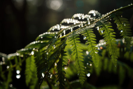close-up of fern fronds, with water droplets and light shining through, created with generative aiの素材