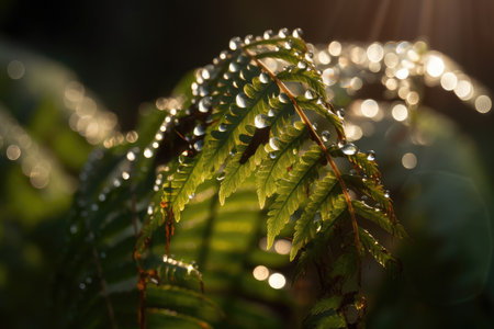 close-up of fern fronds, with water droplets and light shining through, created with generative aiの素材