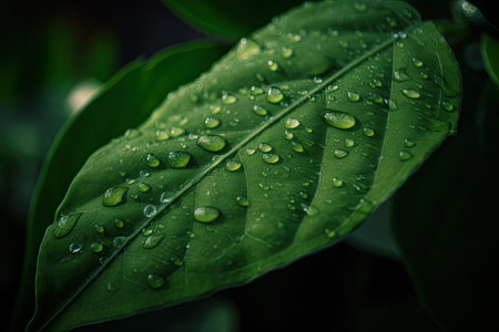 close-up of delicate green leaf, with droplets of water glistening in the light, created with generative aiの素材