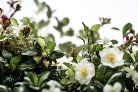macro view of lush green plants and blooming flowers against white background, created with generative aiの素材