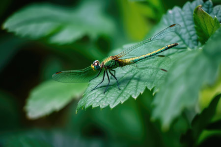 macro view of green plants with dragonfly resting on leaf, created with generative aiの素材