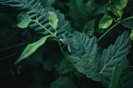 macro view of green plants with dragonfly resting on leaf, created with generative aiの素材