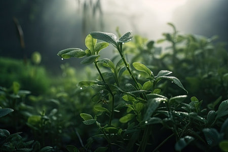 macro view of green plants in the misty morning light, created with generative aiの素材